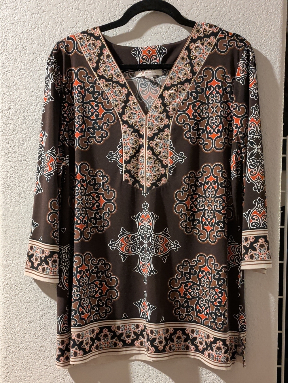 JM Collection Brown Printed V-Neck Tunic Dress with Coral & Cream Accents